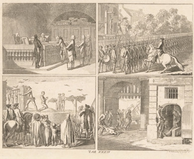 Public punishments, print, Four depictions of public punishments. Top left: a courtroom where a
