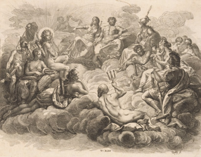 Gathering of the Gods on Olympus, print, Numbered bottom center: T: XCIV., printmaker: Daniel
