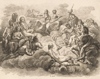 Gathering of the Gods on Olympus, print, Numbered bottom center: T: XCIV., printmaker: Daniel