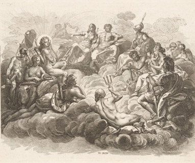 Gathering of the Gods on Olympus, print, Numbered bottom center: T: XCIV., printmaker: Daniel