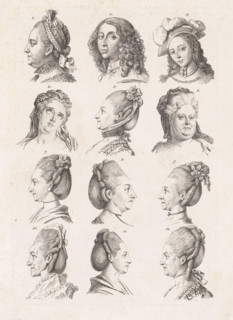 Twelve heads of women, print, On the top row: Catherine the Great, Christine of Sweden and Joan of