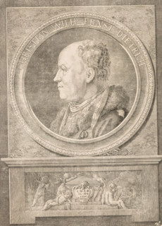 Portrait of Christian Wilhelm Ernst Dietrich, print, Under the portrait putti around a tomb with
