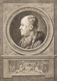 Portrait of Christian Wilhelm Ernst Dietrich, print, Under the portrait putti around a tomb with