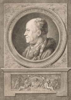 Portrait of Christian Wilhelm Ernst Dietrich, print, Under the portrait putti around a tomb with