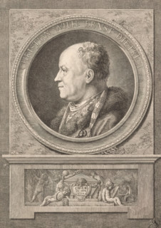 Portrait of Christian Wilhelm Ernst Dietrich, print, Under the portrait putti around a tomb with