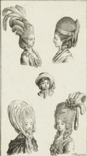 Five ladies' hairstyles, print, fashion print, Bauer 499, Engelmann 254a proof, printmaker: Daniel