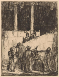 Palace entrance, print, Various figures at and on a staircase leading to the entrance of a palace.