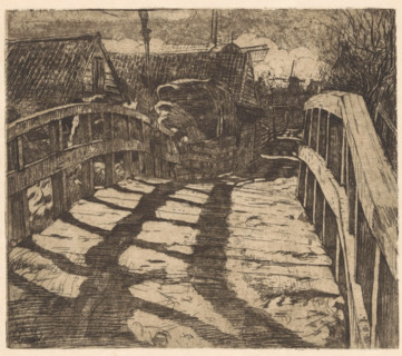Bridge in the Baarsjes in Amsterdam, print, A wooden bridge whose railing casts a shadow on the