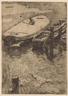 Boats in winter, print, A snow-covered rowboat and lighter at a mooring post. On the left in the