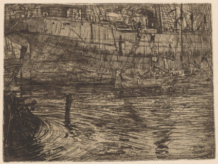 Steamboat in the Westerdok in Amsterdam, print, The stern of a cargo boat. A tjalk is moored