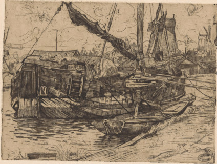 Tjalk in the Baarsjes in Amsterdam, print, In the foreground a rowboat. In the background three