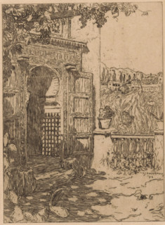 Entrance to the Oratorio del Partal in the Alhambra in Granada, print, In the foreground grapevines