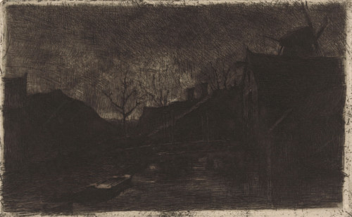 Landscape with houses and windmill at evening, print, printmaker: Eduard Karsen (signed by artist),