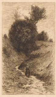 Woman on a sunken road, print, The woman carries a stick on her shoulder. In the background trees