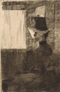 Veiled woman in train compartment, print, printmaker: Marinus van der Maarel, 1867 - 1921, paper,