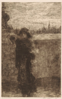 Woman with coat, print, A woman with a hat and a coat stands in front of a wall. In the background