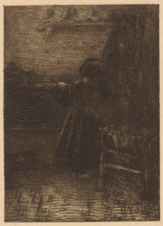 Girl at the kitchen counter, print, A girl stands at a kitchen counter. Next to her is a rack,