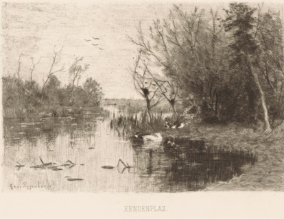 Duck Pond (original title on object), print, Ducks along and on the bank of a pond., printmaker: