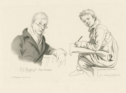 Drawing boy and the portrait of François Joseph Pfeiffer, Study print, Etudes gravées, print, Bust