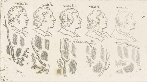 Study sheet with heads, branches and hatching, print, inscription: '5 o'clock, 4 o'clock, 3