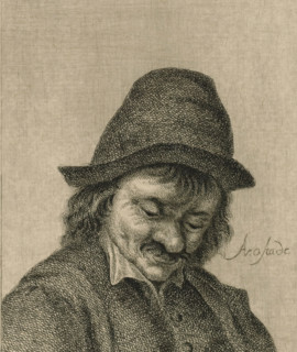 Looking down man with hat, print, printmaker: Pieter de Mare, Leiden, after design by Adriaen van