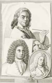 Portraits of NN Roukens, Hendrik Soukens and Frans van Eynden, print, In the background the