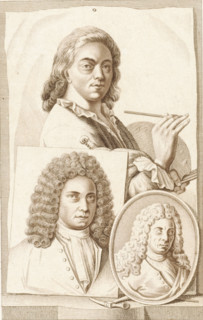 Portraits of NN Roukens, Hendrik Soukens and Frans van Eynden, print, In the background the