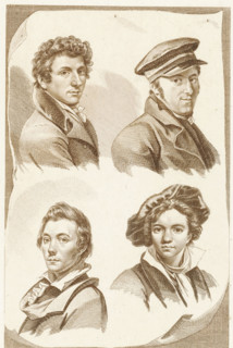 Four portraits of artists, print, Four portraits of artists., printmaker: Pieter van der Meulen,