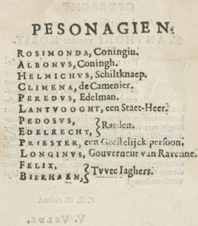 Text sheet from J. Struys, Albonus en Rosimonda treur-spel, 1631, text sheet, Text sheet with the