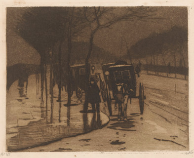 Waiting carriages on the Victoria Embankment in London, print, inscription: 'W' VI', signature: