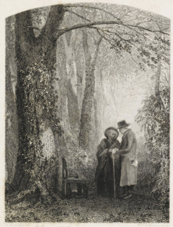 Elderly couple in a forest, print, An elderly couple stands in a forest with a stick. The capital