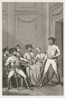 Officers in an interior, print, Five officers in an interior, seated around a table. A sixth