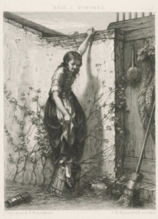 Young woman with a letter, print, A young woman stands on a barrel by a wall. She hands a letter to