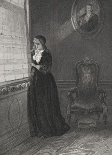 Crying woman looks through a gap in the curtain, print, book illustration, A crying woman, with a