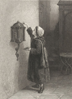 Girl puts money in the collection box, print, book illustration, A girl puts money into a