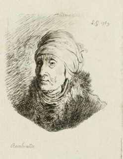 Bust of an old woman with a turban, print, printmaker: Sauveur Legros, after design by Rembrandt