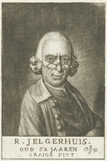 Self-portrait of Rienk Jelgerhuis, print, wearing double glasses. In the margin the name and age of