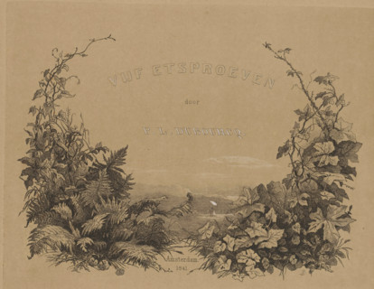 Five etching proofs, Artist at work in nature, wrapper, print, Cover for folder with five etching