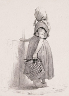 Standing girl with poultry basket, Five etching proofs, print, printmaker: Pierre Louis Dubourcq,