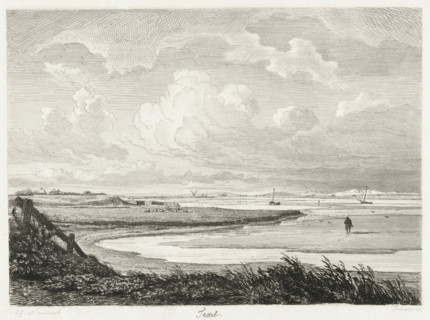 Texel, Six etching proofs, print, View of a bay on the coast of Texel with a mudflat walker. Across
