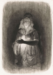 Maid with burning candle, Five etching proofs, print, printmaker: Pierre Louis Dubourcq,