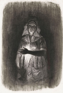 Maid with burning candle, Five etching proofs, print, printmaker: Pierre Louis Dubourcq,