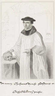 Portrait of Angelus Merula, print, priest. He is wearing a chasuble and a beret. His right hand