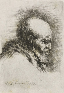 Portrait of an old man, print, An old bald man with a beard. Bust in profile to the right.,
