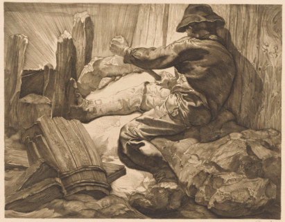 Prying worker, print, A man in work clothes with a hat pries with a rod between wooden planks that
