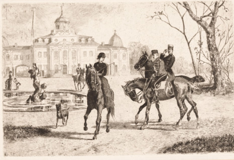 Riders in front of the Belvedere in Weimar, print, inscription: 'From: 'Radierung', Weimar 1886',