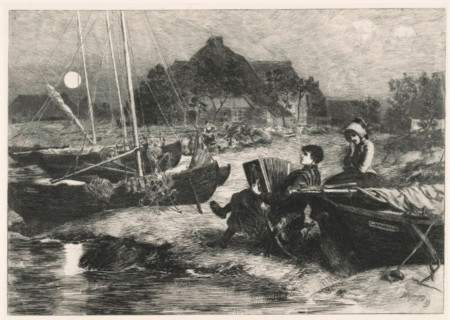 Riverbank with boats and a boy playing an accordion, print, inscription: 'From: 'Radierung', Weimar