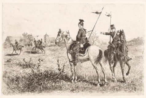 Five uhlans in Eggersdorf, Eggersdorf, print, inscription: 'From: 'Radierung', Weimar 1886',