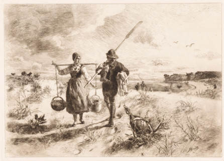 Landscape with a fisherman and a farmer's wife, print, inscription: 'From: 'Radierung', Weimar
