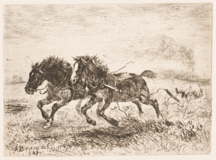 Runaway team of horses, print, The horses may have been startled by a steam train that appears to
